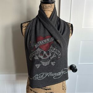 Vtg Ed Hardy Christian Audigier Grey Skull Crossbone Knit 78"X12" Scarf Jeweled
